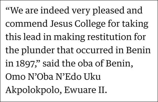 jesus College, Benin restitution