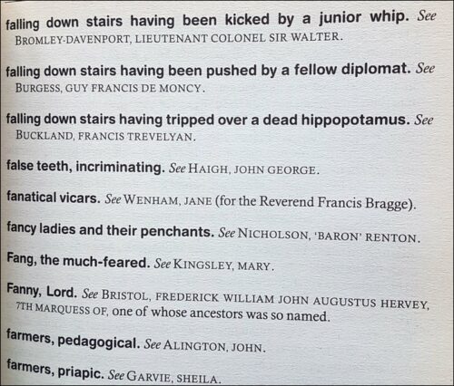 "falling down stairs having tripped over a dead hippopotamous"