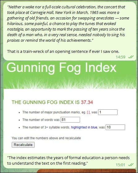 Gunning Fog Index - awesome score