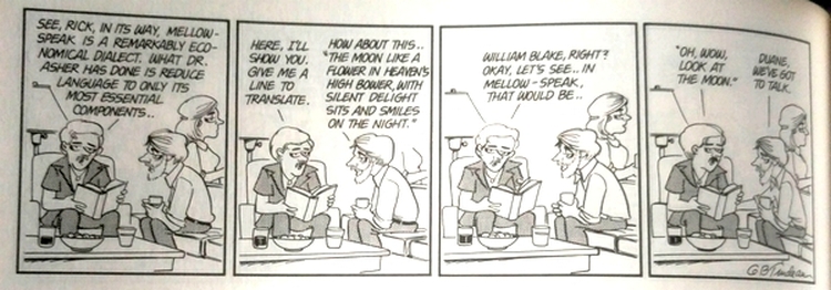 Doonesbury - Mellow-speak cartoon