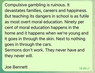 Joe Bennett on moral teaching